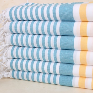 Bachelorette Party Gift, Turkish Beach Towel, 36x67 Inches Yellow-Petrol Blue Cotton Towel, Monogram Beach Towel, Striped Towel,