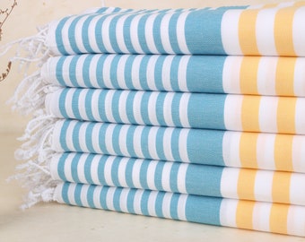 Bachelorette Party Gift, Turkish Beach Towel, 36x67 Inches Yellow-Petrol Blue Cotton Towel, Monogram Beach Towel, Striped Towel,