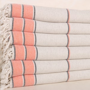 95x103 Inches Orange Linen Blanket, Striped Blanket, Tablecloth, Woven Throw Blanket, Throw Blankets, Turkish Bedcover,