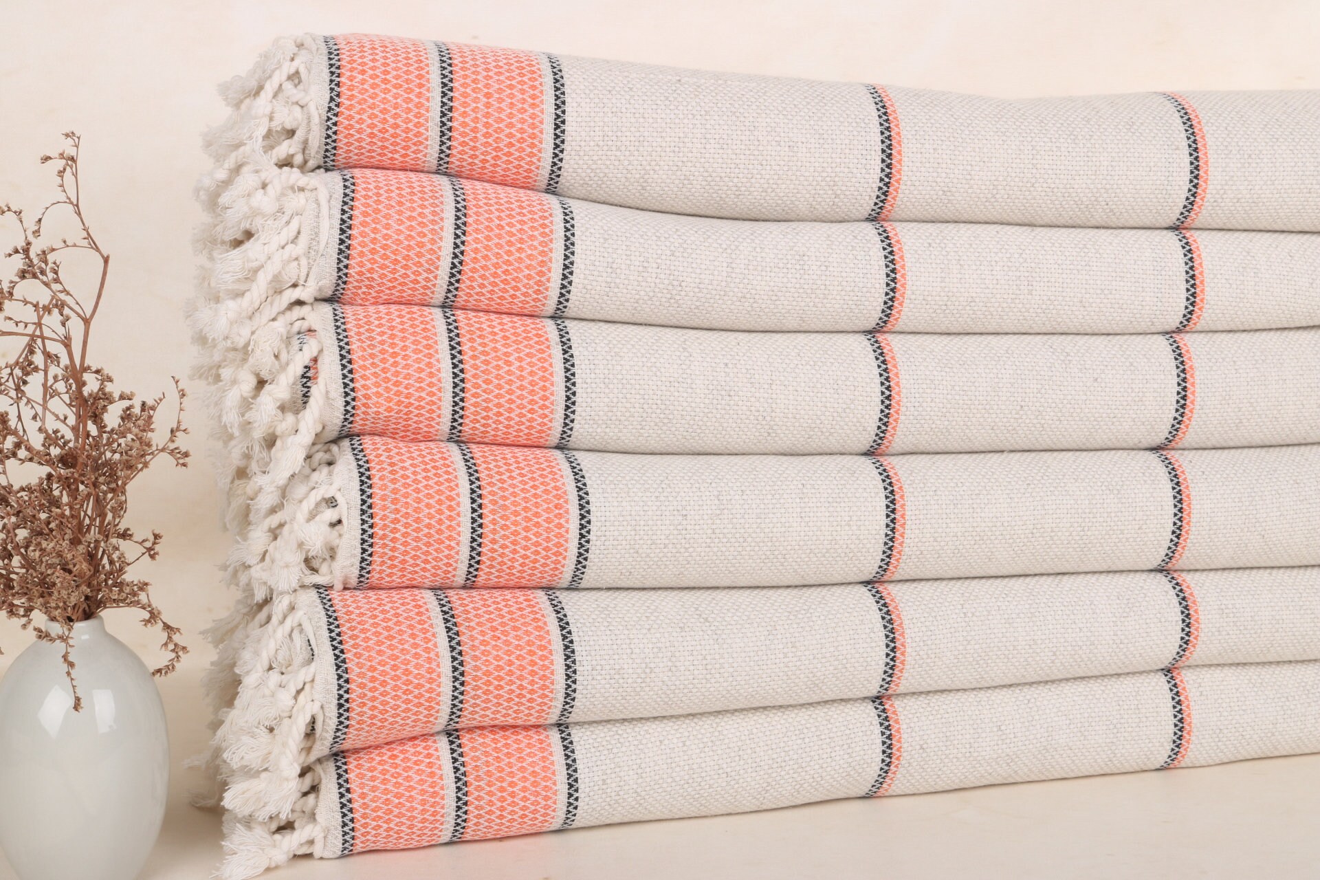 95x103 Inches Orange Linen Blanket, Striped Blanket, Tablecloth, Woven Throw Blanket, Throw Blankets, Turkish Bedcover,