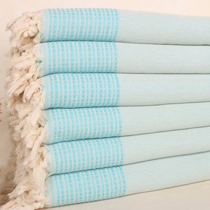 91x95 Inches Turquoise Cotton Blanket, Striped Blanket, Boho Throw Blankets, Housewarming Gift, Turkish Blanket, Grandma Gift,