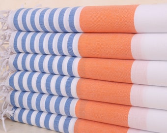 Bridesmaid Gifts, Turkish Beach Towel Personalized, Sax Blue-Orange Towel, Striped Towel, 40x71 Inches Monogram Towels, Home Decor Towel,