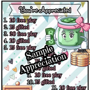 May include: A colorful graphic with the text "You're Appreciated" and a cartoon jar of money. The image includes a sign that says "Thank You" and a list of rewards. The image is decorated with hearts and coins.