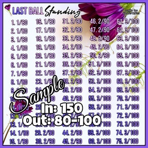 May include: A purple and white graphic with the text "LAST BALL Standing" and a list of numbers. The text "Sample" is overlaid on the graphic. The text "In: 150 Out: 80-100" is also present.
