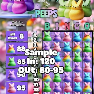Könnte beinhalten: Ein farbenfrohes Bingo-Spiel zum Thema Ostern mit Peeps-Marshmallow-Hasen. Das Spielbrett zeigt ein Raster von Hasenbildern in verschiedenen Farben, mit dem Text "Playing with my Peeps Bingo". Zusätzlicher Text enthält Zahlen und Anweisungen.