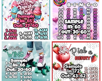 Verscheidenheidspakket van 4 borden met verschillende thema's! Kies Your Pay PYP en een WTA voor elke rij Downloadbaar bingobord