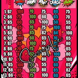 3 Boards! WTA 80 100 125 in every row.  Comics Pick Your Prize PYP Pick Your Pay Downloadable Bingo Board (3 boards in all)