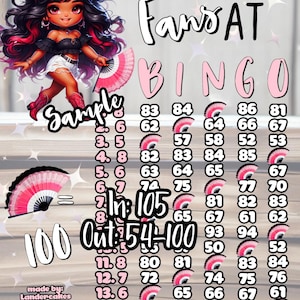 May include: Digital illustration of a cartoon girl with black hair and pink highlights, holding a fan. The image is a bingo card with the text "WHERE THEM FANS AT BINGO" and numbers.
