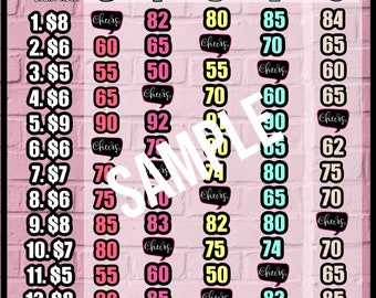 3 Boards! WTA 100 150 200 in every row. Happy Hour Pick Your Prize PYP Pick Your Pay Downloadable Bingo Board (3 boards in all)