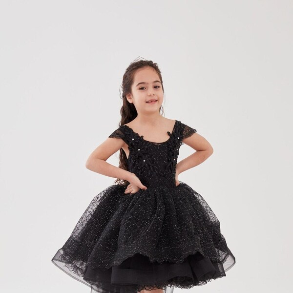 Girl Prom Black Dress, Flower Girl Dress With Tail, Pageant Graduation Party dress, Tulle Tutu Flower Girl Dress, Custom Kids Couture