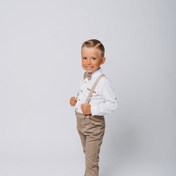 4 pcs Boy Linen Suit, Ring Bearer Outfit, Suspender Pant Set, Boy Gentleman Romper, Toddler  Dresswear Suit Set, Sustainable Boys Clothing
