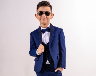 Abito da 5 pezzi per ragazzo, abito da sposa gilet blazer, abito formale moda slim, set giacca smoking bavero, vestito per ragazzi di benedizione, regalo di compleanno