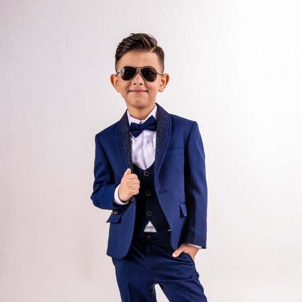 5 Piece Suit For Boy, Blazer Vest Wedding Outfit, Formal Fashion Slim Suit, Lapel Tuxedo  Jacket Set, Blessing boys Outfit, Birthday Gift