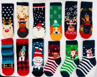 0-9 years old Christmas socks   | 12 Pairs of Socks | Stocking Stuffer | Kids Holiday Socks | Cotton Xmas Socks | 12 Days of Christmas Gift