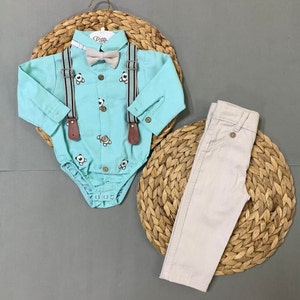4 pcs Baby Boy Linen Suit, Ring Bearer Outfit, Suspender Pant Set, Boy Gentleman Romper, Toddler  Dresswear Suit Set, Birthday Outfit