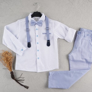 4 pcs Boy Linen Suit, Ring Bearer Outfit, Suspender Pant Set, Boy Gentleman Romper, Toddler Dresswear Suit Set,Boy Wedding Outfit light blue