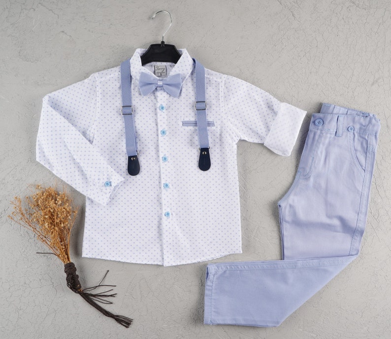 4 pcs Boy Linen Suit, Ring Bearer Outfit, Suspender Pant Set, Boy Gentleman Romper, Toddler Dresswear Suit Set,Boy Wedding Outfit light blue