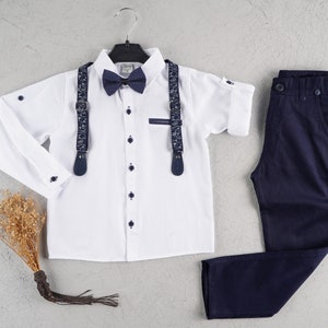 4 pcs Boy Linen Suit, Ring Bearer Outfit, Suspender Pant Set, Boy Gentleman Romper, Toddler Dresswear Suit Set,Boy Wedding Outfit white - navy blue