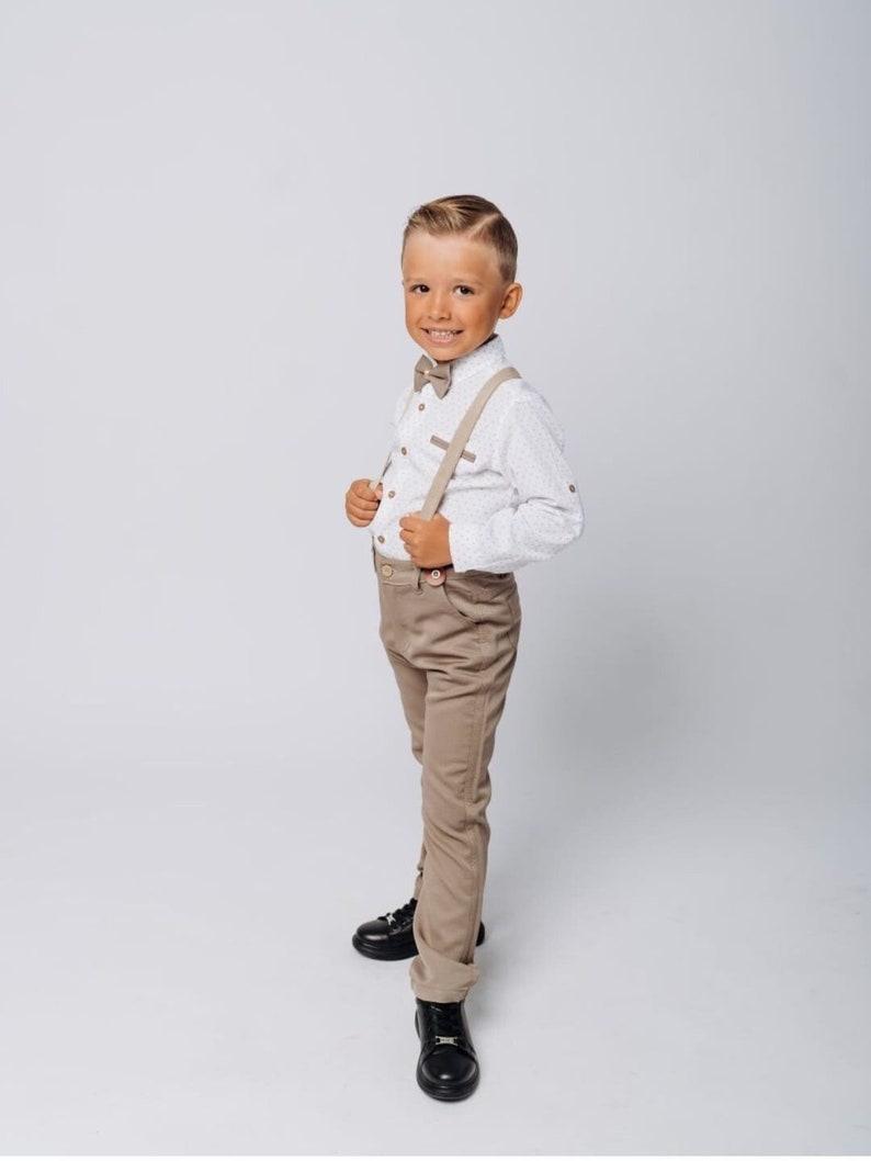 4 pcs Boy Linen Suit, Ring Bearer Outfit, Suspender Pant Set, Boy Gentleman Romper, Toddler Dresswear Suit Set,Boy Wedding Outfit White