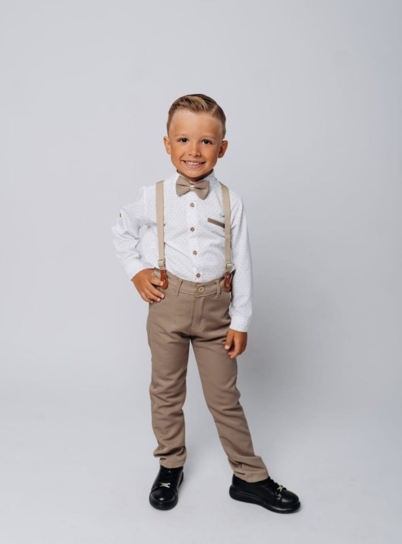 4 pcs Boy Linen Suit, Ring Bearer Outfit, Suspender Pant Set, Boy Gentleman Romper, Toddler Dresswear Suit Set,Boy Wedding Outfit image 2