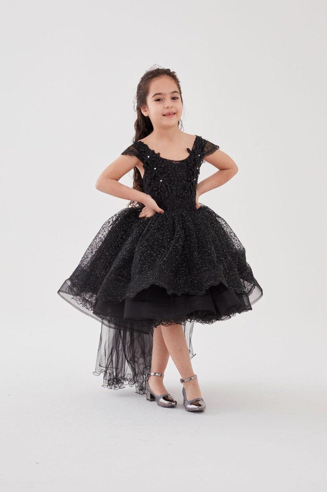 Black Satin Heart Gown - Designer Childrenswear