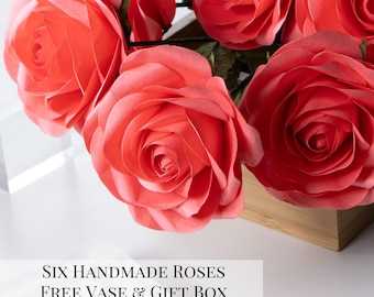 Handmade Origami Roses - Paper Flowers Bouquet, 1st Anniversary Gift, Mother&#39;s Day Gift, 6 Large Paper Roses- Rose Oil, Card & Gift Box