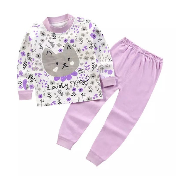 Infant Toddler Baby Girl 2Pcs Outfits Long Sleeve Kitty Print Pullover Tops + Pants Set Fall Winter Clothes