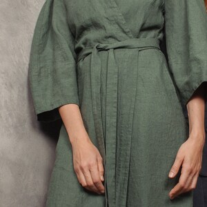 Green linen wrap dress linen kimono robe Minimalistic kimono linen dress linen Japanese dress image 3