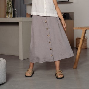 Linen A line, high waisted midi skirt with pockets and front buttons image 5