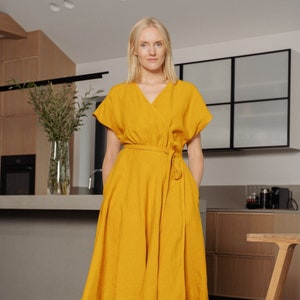 Yellow mustard linen dress VASARE – Short sleeves linen dress– Wrap linen dress