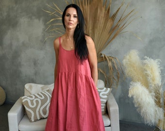 Vestido de verano rosa con correa de hombro de lino para mujer, hecho a mano talla grande maternidad maxi largo sin mangas boho playa suelta ropa de embarazo