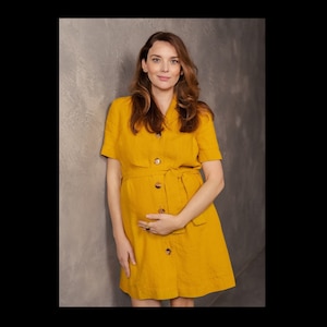 Pregnancy natural linen dress - Maternity button up linen dress - Pregnancy comfy office dress - Nursing mommy natural linen dress
