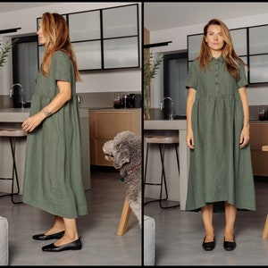 VOLUME linen dress with Short Sleeves - Button up linen  dress - Maxi shirt linen dress