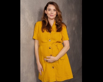Vestido de linho natural para gravidez - Vestido de linho com botões para maternidade - Vestido de escritório confortável para gravidez - Vestido de linho natural para mamãe que amamenta