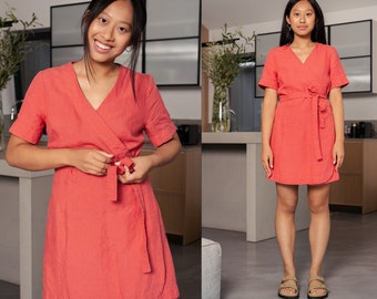 Elegante vestido cruzado de lino - Vestido de lino con cintura anudada de verano - Vestido minimalista de lino de verano de oficina