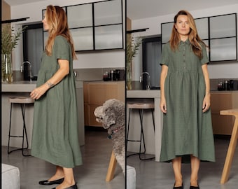 Vestido de lino VOLUME con mangas cortas - Vestido de lino con botones - Vestido de lino maxi camisa