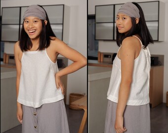 Camisola de lino – Blusa sin mangas blanca de lino- Camiseta sin mangas con tirantes finos de lino