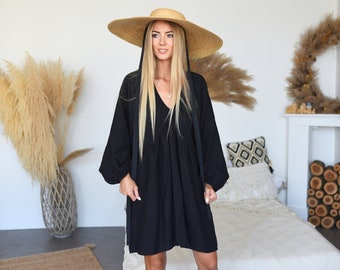 Vestido mini de lino de verano con espalda abierta para mujer, estilo kimono bohemio de manga larga, minimalista, hecho a mano, holgado, de talla grande, ropa de lino natural