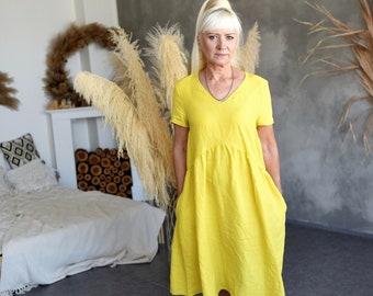 Vestido de lino holgado, vestido informal de verano para mujer con escote en V y mangas cortas
