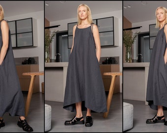 Spaghetti strap maxi A line linen dress - Romantic loose fit linen dress - Summer linen dress - Linen slip dress