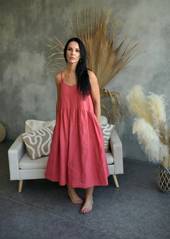 Linen Shoulder Strap Pink Summer Dress for Women, Handmade Plus Size Maternity Maxi Long Sleeveless Boho Beach Loose Slip Pregnancy Clothing