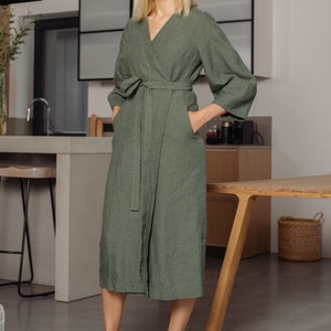 Green linen wrap dress linen kimono robe Minimalistic kimono linen dress linen Japanese dress image 1