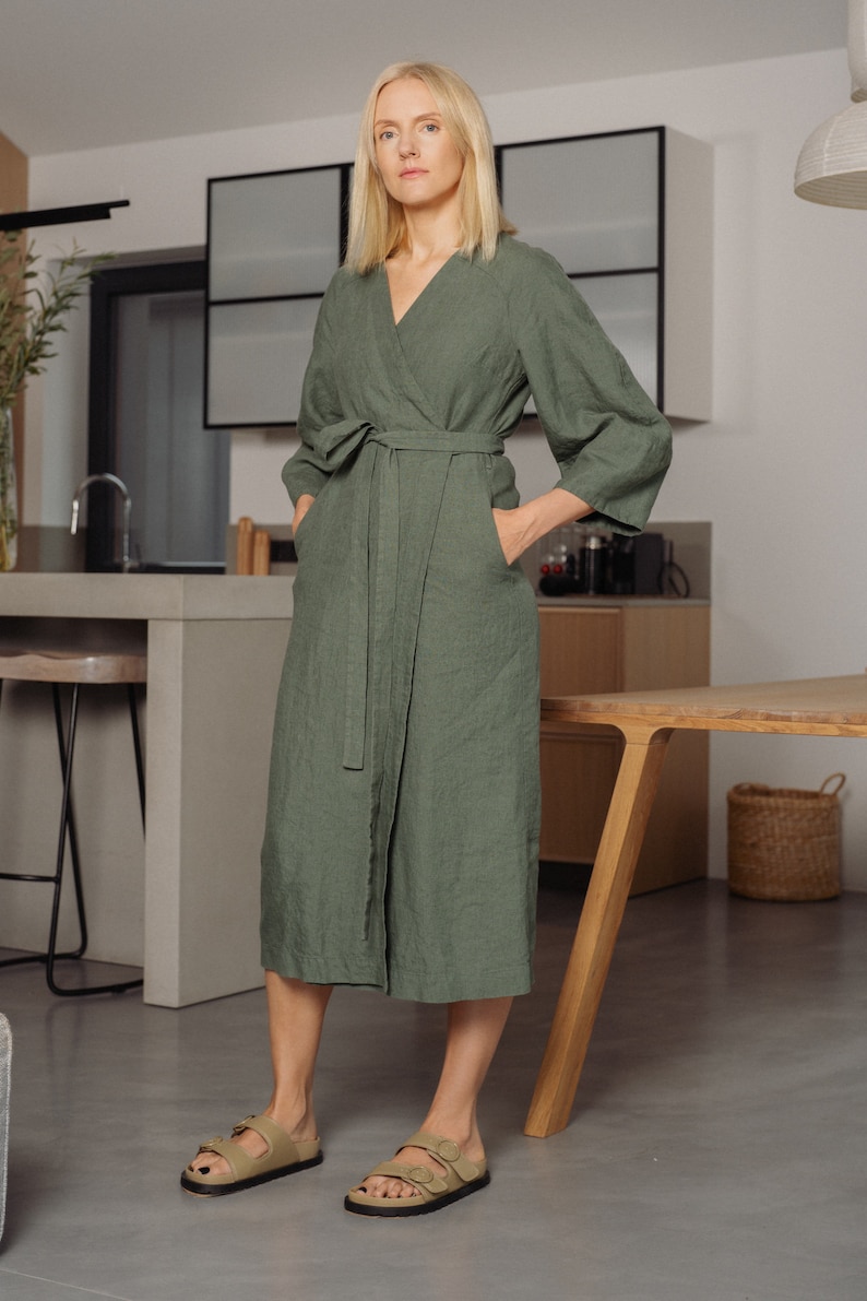 Green linen wrap dress linen kimono robe Minimalistic kimono linen dress linen Japanese dress image 1