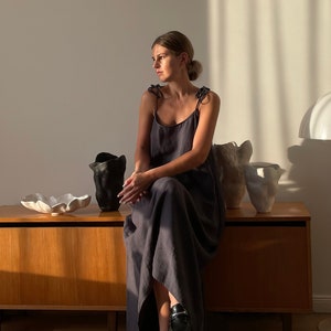 Romantic loose fit linen dress - Spaghetti strap maxi A line linen dress - Summer linen dress - Linen slip dress