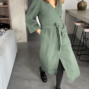 Green linen wrap dress linen kimono robe Minimalistic kimono linen dress linen Japanese dress image 5