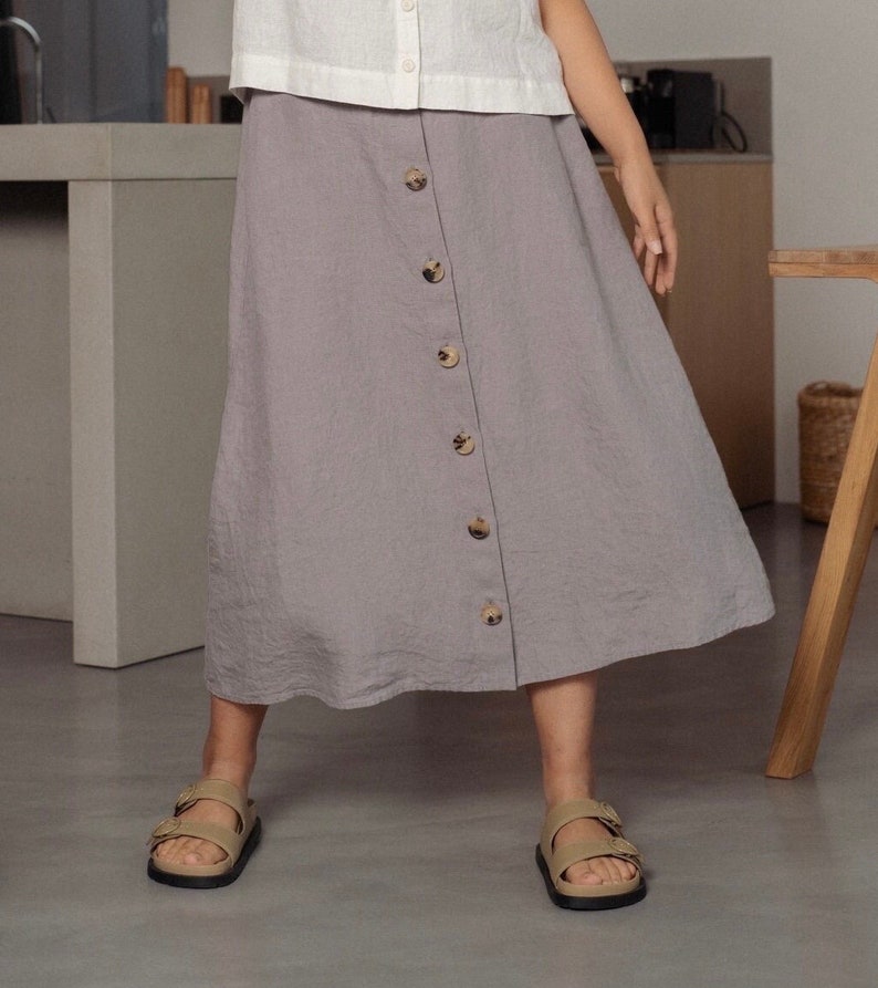 Linen A line, high waisted midi skirt with pockets and front buttons image 4