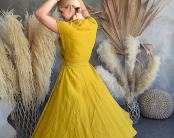 knee length dresses for ladies Yellow Fitted Waist Maxi Linen Dress – shopaleena main image 0