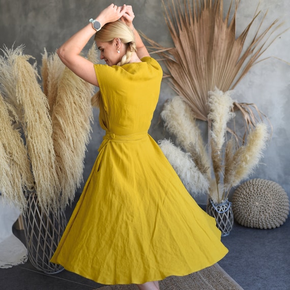 Casual Linen Mustard Dress Wrap Linen Summer Dress For Women, Casual Midi Kimono Linen Casual Linen Mustard Dress Wrap Linen Summer Dress For Women, Casual Midi Kimono Linen