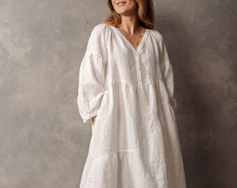 Vestido largo holgado de lino, vestido de lino de estilo retro con curvas, tela suave de estilo bohemio