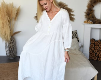 Vestido largo de lino con bolsillos para mujer, vestido maxi holgado de verano de talla grande con volantes estilo boho, hecho a mano con lino orgánico lituano.